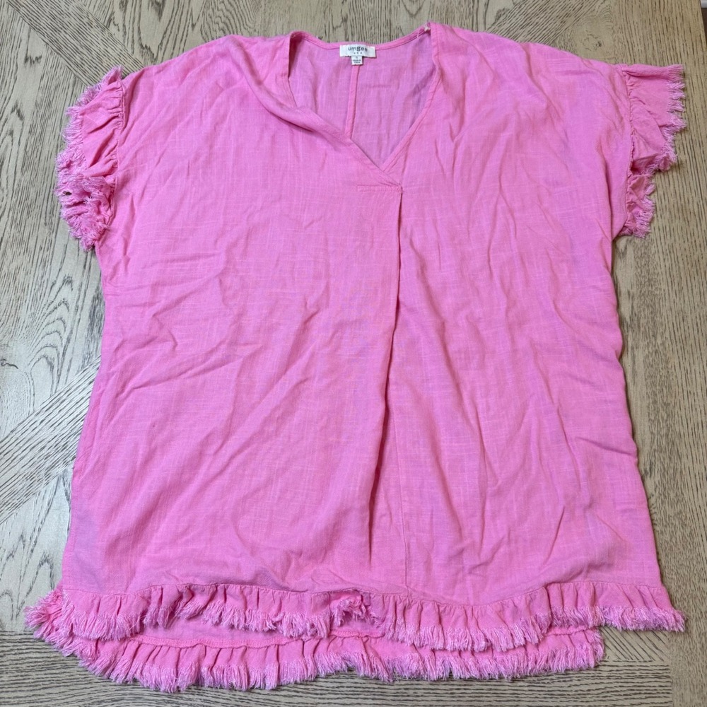Umgee USA Small Pink Fringe Hem V-Neck Short Sleeve Linen Blend Blouse Bohemian